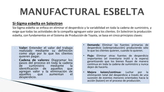 MANUFACTURAL ESBELTA
• Valor: Entender el valor del trabajo
realizado mediante su definición
como algo por lo que los clientes
quieren pagar.
• Cadena de valores: Diagramar los
pasos del proceso en toda la cadena
de suministro mediante la
identificación de aquellos que
agregan valor y la eliminación de
aquellos que aumentan el
desperdicio.
Si-Sigma esbelta en Solectron
Six-Sigma esbelta se enfoca en eliminar el desperdicio y la variabilidad en toda la cadena de suministro, y
exige que todas las actividades de la compañía agreguen valor para los clientes. En Solectron la producción
esbelta, con fundamentos en el Sistema de Producción de Toyota, se basa en cinco principios claves:
• Demanda: Eliminar las fuentes primarias de
desperdicio (sobreproducción) produciendo sólo
lo que los clientes quieren, cuando lo quieren.
• Flujo: Eliminar otras fuentes de desperdicio
importantes (el inventario inútil y la espera)
garantizando que los bienes fluyan de manera
continua en toda la cadena de suministro y nunca
dejen de hacerlo.
• Mejora kaizen/continua: Luchar por la
eliminación total del desperdicio a través de una
sucesión de eventos menores orientados hacia la
acción (kaizen) en el proceso de producción.
 