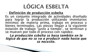 LÓGICA ESBELTA
• Definición de producción esbelta
Es un conjunto integrado de actividades diseñado
para lograr la producción utilizando inventarios
mínimos de materia prima, trabajo en proceso y
bienes terminados. Las piezas llegan a la siguiente
estación de trabajo “justo a tiempo”, se terminan y
se mueven por todo el proceso con rapidez.
La producción esbelta se basa también en la
lógica de que no se va a producir nada hasta que
se necesite.
 