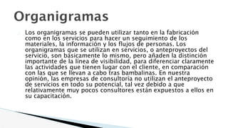 Organigramas
� Los organigramas se pueden utilizar tanto en la fabricación
como en los servicios para hacer un seguimiento de los
materiales, la información y los flujos de personas. Los
organigramas que se utilizan en servicios, o anteproyectos del
servicio, son básicamente lo mismo, pero añaden la distinción
importante de la línea de visibilidad, para diferenciar claramente
las actividades que tienen lugar con el cliente, en comparación
con las que se llevan a cabo tras bambalinas. En nuestra
opinión, las empresas de consultoría no utilizan el anteproyecto
de servicios en todo su potencial, tal vez debido a que
relativamente muy pocos consultores están expuestos a ellos en
su capacitación.
 