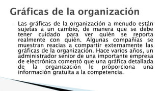 Gráficas de la organización
� Las gráficas de la organización a menudo están
sujetas a un cambio, de manera que se debe
tener cuidado para ver quién se reporta
realmente con quién. Algunas compañías se
muestran reacias a compartir externamente las
gráficas de la organización. Hace varios años, un
administrador senior de una importante empresa
de electrónica comentó que una gráfica detallada
de la organización le proporciona una
información gratuita a la competencia.
 