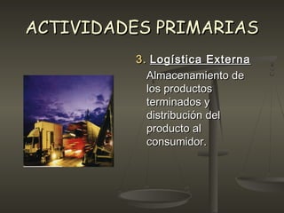 ACTIVIDADES PRIMARIASACTIVIDADES PRIMARIAS
3.3. Logística ExternaLogística Externa
Almacenamiento deAlmacenamiento de
los productoslos productos
terminados yterminados y
distribución deldistribución del
producto alproducto al
consumidor.consumidor.
 