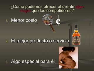 ¿Cómo podemos ofrecer al cliente¿Cómo podemos ofrecer al cliente algoalgo
mejormejor que los competidores?que los competidores?
1.1. Menor costoMenor costo
2.2. El mejor producto o servicioEl mejor producto o servicio
3.3. Algo especial para élAlgo especial para él
c
 