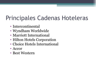 Principales Cadenas Hoteleras <ul><li>Intercontinental </li></ul><ul><li>Wyndham Worldwide </li></ul><ul><li>Marriott Inte...