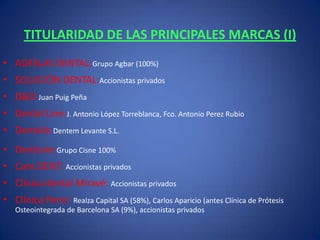 TITULARIDAD DE LAS PRINCIPALES MARCAS (I)ADESLAS DENTAL:Grupo Agbar (100%)SOLUCIÓN DENTAL:Accionistas privadosD&D:Juan Puig PeñaDental Line:J. Antonio López Torreblanca, Fco. Antonio Perez RubioDentalis:Dentem Levante S.L.Dentisne:Grupo Cisne 100%Care DENT: Accionistas privadosClínica dental Miravé: Accionistas privadosClínica Perio: Realza Capital SA (58%), Carlos Aparicio (antes Clínica de Prótesis Osteointegrada de Barcelona SA (9%), accionistas privados