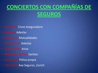 CONCIERTOS CON COMPAÑÍAS DE SEGUROSDentisne: Cisne AseguradoraAdeslas: AdeslasDentzano: MutualidadesElite dental: AdeslasLider Dental:AsisaMilenium Dental: SanitasUnidental: Póliza propiaVital Dent:Axa Seguros, Zurich