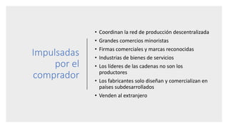 Impulsadas
por el
comprador
• Coordinan la red de producción descentralizada
• Grandes comercios minoristas
• Firmas comerciales y marcas reconocidas
• Industrias de bienes de servicios
• Los líderes de las cadenas no son los
productores
• Los fabricantes solo diseñan y comercializan en
países subdesarrollados
• Venden al extranjero
 