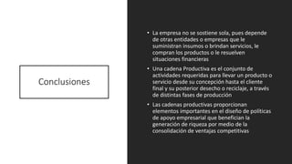 Conclusiones
• La empresa no se sostiene sola, pues depende
de otras entidades o empresas que le
suministran insumos o brindan servicios, le
compran los productos o le resuelven
situaciones financieras
• Una cadena Productiva es el conjunto de
actividades requeridas para llevar un producto o
servicio desde su concepción hasta el cliente
final y su posterior desecho o reciclaje, a través
de distintas fases de producción
• Las cadenas productivas proporcionan
elementos importantes en el diseño de políticas
de apoyo empresarial que benefician la
generación de riqueza por medio de la
consolidación de ventajas competitivas
 