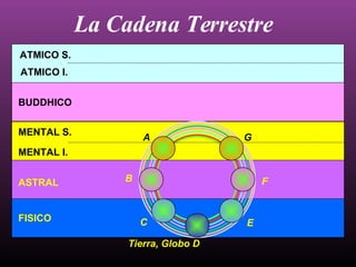 La Cadena Terrestre ATMICO I. BUDDHICO MENTAL I. ASTRAL FISICO MENTAL S. ATMICO S. Tierra, Globo D A B   C   E   F   G 
