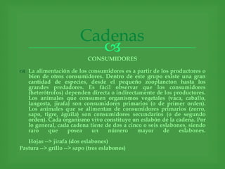Cadenas
                           
                            CONSUMIDORES

 La alimentación de los consumidores es a partir de los productores o
  bien de otros consumidores. Dentro de este grupo existe una gran
  cantidad de especies, desde el pequeño zooplancton hasta los
  grandes predadores. Es fácil observar que los consumidores
  (heterótrofos) dependen directa o indirectamente de los productores.
  Los animales que consumen organismos vegetales (vaca, caballo,
  langosta, jirafa) son consumidores primarios (o de primer orden).
  Los animales que se alimentan de consumidores primarios (zorro,
  sapo, tigre, águila) son consumidores secundarios (o de segundo
  orden). Cada organismo vivo constituye un eslabón de la cadena. Por
  lo general, cada cadena tiene de dos a cinco o seis eslabones, siendo
  raro    que     posea    un    número      mayor     de    eslabones.
   Hojas --> jirafa (dos eslabones)
Pastura --> grillo --> sapo (tres eslabones)
 