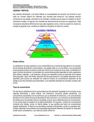 UNIVERSIDADALAS PERUANAS
FACULTAD DE MEDICINA HUMANA Y CIENCIAS DE LA SALUD
ESCUELA ACADÉMICO PROFESIONAL DE PSICOLOGÍA HUMANA
ASIGNATURA: ECOLOGÍA CICLOII/SEMESTRE: 2015-I B DOCENTE: LIC. MARTHA MARLENE CONDORI JARICA
CADENAS TRÓFICAS
Las cadenas alimenticias y las redes tróficas se conceptualizan de acuerdo con la forma en que
cada ser viviente obtiene los nutrientes que necesita para sobrevivir. Las cadenas siempre
comienzan en las plantas y terminan en los animales, mientras que las redes en realidad no tienen
comienzos o finales, en lugar de eso muestran las interconexiones de todos los organismos. Cada
concepto se describe en términos de lo que cada organismo come y cómo se pasan los niveles de
energía al siguiente nivel, mientras se mantiene el equilibrio en todos los niveles.
Niveles tróficos
La clasificación de cada organismo en los niveles tróficos es un elemento importante en el concepto
de las cadenas alimenticias y redes tróficas. Las plantas están en un nivel trófico y son productoras
porque pueden producir su propia comida (por medio de la energía de la luz solar, combinada con
agua y dióxido de carbono). Los animales son consumidores porque dependen de otros organismos
para obtener nutrientes, y las bacterias y hongos son saprofitos porque se alimentan de la materia
descompuesta. Cada nivel trófico depende del otro para sobrevivir. Las plantas dependen de los
saprofitos para colocar sus nutrientes de vuelta en la tierra, los consumidores dependen de las
plantas (o de otros animales) para alimentarse, y los saprofitos dependen de animales muertos para
comer.
Tipos de consumidores
Por otro lado la clasificación de los consumidores es otro elemento importante en el concepto de las
cadenas alimenticias y redes tróficas. Los herbívoros consumen plantas únicamente. Los
consumidores secundarios son los carnívoros que se alimentan de herbívoros, y los consumidores
terciarios son los carnívoros que se alimentan de otros carnívoros. Los omnívoros se alimentan tanto
de plantas como de animales. Esto es importante, porque sin los diferentes tipos de consumidores,
no se podría lograr el equilibrio de la cadena alimenticia. Por ejemplo, si todos los consumidores
comieran sólo plantas, pronto no habría plantas, lo que significa que todos los consumidores
estarían hambrientos. Si todos los consumidores comieran solo animales, pronto no quedarían más.
Al haber diferentes consumidores con necesidades ligeramente diferentes de fuentes de alimentos,
existe menos competencia, y así cada uno puede sobrevivir.
 