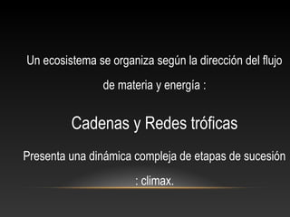 Un ecosistema se organiza según la dirección del flujo
de materia y energía :
Cadenas y Redes tróficas
Presenta una dinámica compleja de etapas de sucesión
: climax.
 
