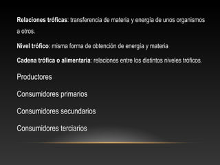 Relaciones tróficas: transferencia de materia y energía de unos organismos
a otros.
Nivel trófico: misma forma de obtención de energía y materia
Cadena trófica o alimentaria: relaciones entre los distintos niveles tróficos.
Productores
Consumidores primarios
Consumidores secundarios
Consumidores terciarios
 