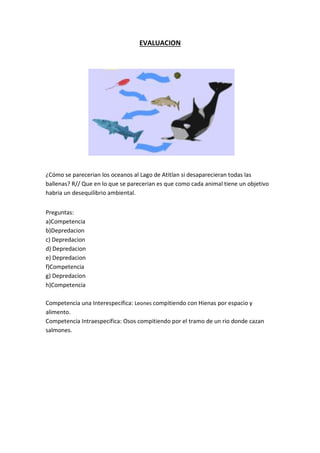 EVALUACION
¿Cómo se parecerian los oceanos al Lago de Atitlan si desaparecieran todas las
ballenas? R// Que en lo que se parecerian es que como cada animal tiene un objetivo
habria un desequilibrio ambiental.
Preguntas:
a)Competencia
b)Depredacion
c) Depredacion
d) Depredacion
e) Depredacion
f)Competencia
g) Depredacion
h)Competencia
Competencia una Interespecifica: Leones compitiendo con Hienas por espacio y
alimento.
Competencia Intraespecifica: Osos compitiendo por el tramo de un rio donde cazan
salmones.
 