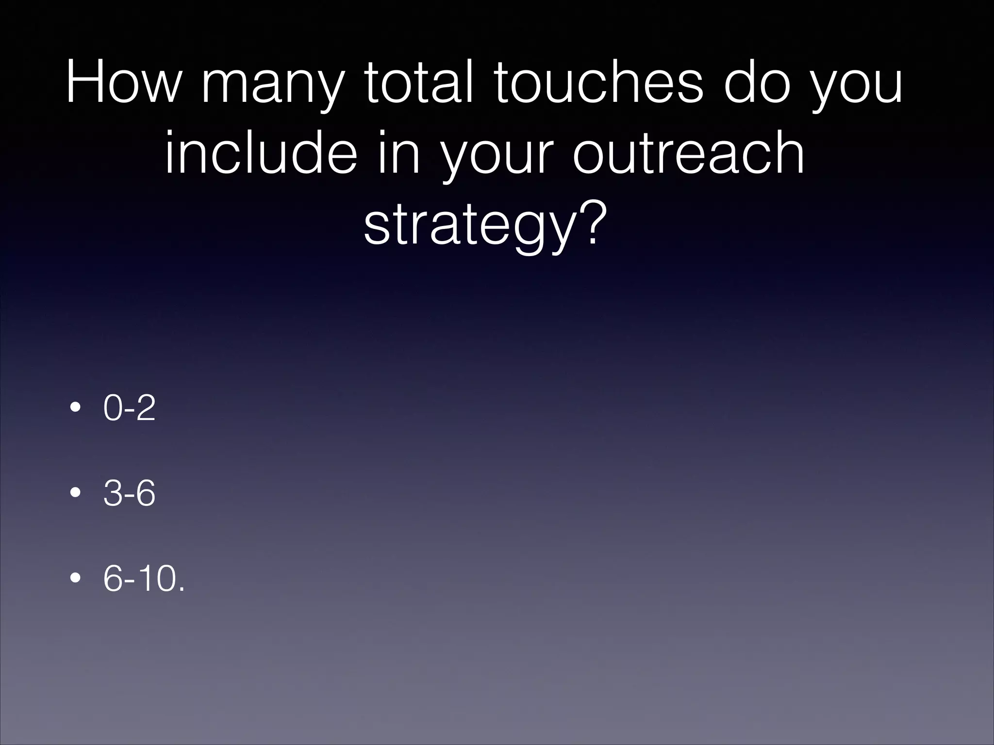 How many total touches do you
include in your outreach
strategy?
• 0-2
• 3-6
• 6-10.
 