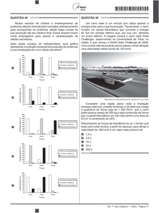 CN - 1º dia | Caderno 1 - AZUL - Página 17
2015 *AZUL75SAB17*
QUESTÃO 48
Muitos estudos de síntese e endereçamento de
proteínas utilizam aminoácidos marcados radioativamente
para acompanhar as proteínas, desde fases iniciais de
muito empregados para estudo e caracterização de
células secretoras.
representa a evolução temporal da produção de proteínas
A
5 min 10 min 15 min
100
90
80
70
60
50
40
30
20
10
0
Tempo
Radioatividade(%)
Retículo Endoplasmático
Complexo Golgiense
Vesículas de Secreção
B
5 min 10 min 15 min
100
90
80
70
60
50
40
30
20
10
0
Tempo
Radioatividade(%)
Retículo Endoplasmático
Complexo Golgiense
Vesículas de Secreção
C
5 min 10 min 15 min
100
90
80
70
60
50
40
30
20
10
0
Tempo
Radioatividade(%)
Retículo Endoplasmático
Complexo Golgiense
Vesículas de Secreção
D
5 min 10 min 15 min
100
90
80
70
60
50
40
30
20
10
0
Tempo
Radioatividade(%)
Retículo Endoplasmático
Complexo Golgiense
Vesículas de Secreção
E
5 min 10 min 15 min
100
90
80
70
60
50
40
30
20
10
0
Tempo
Radioatividade(%)
Retículo Endoplasmático
Complexo Golgiense
Vesículas de Secreção
QUESTÃO 49
Um carro solar é um veículo que utiliza apenas a
energia solar para a sua locomoção. Tipicamente, o carro
contém um painel fotovoltaico que converte a energia
do Sol em energia elétrica que, por sua vez, alimenta
um motor elétrico. A imagem mostra o carro solar Tokai
Challenger, desenvolvido na Universidade de Tokai, no
Japão, e que venceu o World Solar Challenge de 2009,
uma corrida internacional de carros solares, tendo atingido
uma velocidade média acima de 100 km/h.
Disponível em: www.physics.hku.hk. Acesso em: 3 jun. 2015.
Considere uma região plana onde a insolação
(energia solar por unidade de tempo e de área que chega
à superfície da Terra) seja de 1 000 W/m2
, que o carro
solar possua massa de 200 kg e seja construído de forma
que o painel fotovoltaico em seu topo tenha uma área de
9,0 m2
e rendimento de 30%.
Desprezando as forças de resistência do ar, o tempo que
esse carro solar levaria, a partir do repouso, para atingir a
velocidade de 108 km/h é um valor mais próximo de
A 1,0 s.
B 4,0 s.
C 10 s.
D 33 s.
E 300 s.
 