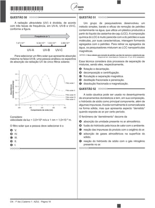 CN - 1º dia | Caderno 1 - AZUL - Página 18
2015*AZUL75SAB18*
QUESTÃO 50
A radiação ultravioleta (UV) é dividida, de acordo
com três faixas de frequência, em UV-A, UV-B e UV-C,
Frequência (s 1
)
UV-A UV-B UV-C
7,47×1014
9,34×1014
1,03×1015
2,99×1015
máxima na faixa UV-B, uma pessoa analisou os espectros
Absorbância
(unidadesarbitrárias)
Comprimento de onda (nm)
0,5
0,4
0,3
0,2
0,1
0,0
240 290 340 390 440
Filtro solar I
Filtro solar II
Filtro solar III
Filtro solar IV
Filtro solar V
Considere:
velocidade da luz = 3,0×108
m/s e 1 nm = 1,0×10 9
m.
A V.
B IV.
C III.
D II.
E I.
QUESTÃO 51
Um grupo de pesquisadores desenvolveu um
contaminante na água, que utiliza um plástico produzido a
partir do líquido da castanha-de-caju (LCC). A composição
química do LCC é muito parecida com a do petróleo e suas
moléculas, por suas características, interagem formando
agregados com o petróleo. Para retirar os agregados da
água, os pesquisadores misturam ao LCC nanopartículas
magnéticas.
KIFFER, D. Novo método para remoção de petróleo usa óleo de mamona e castanha-de-caju.
Disponível em: www.faperj.br. Acesso em: 31 jul. 2012 (adaptado).
Essa técnica considera dois processos de separação de
misturas, sendo eles, respectivamente,
A
B decomposição e centrifugação.
C
D destilação fracionada e peneiração.
E dissolução fracionada e magnetização.
QUESTÃO 52
A soda cáustica pode ser usada no desentupimento
de encanamentos domésticos e tem, em sua composição,
o hidróxido de sódio como principal componente, além de
algumas impurezas.Asoda normalmente é comercializada
quando exposta ao ar por certo período.
O fenômeno de “de
A absorção da umidade presente no ar atmosférico.
B fusão do hidróxido pela troca de calor com o ambiente.
C reação das impurezas do produto com o oxigênio do ar.
D adsorção de gases atmosféricos na superfície do
sólido.
E reação do hidróxido de sódio com o gás nitrogênio
presente no ar.
 