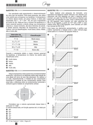 2015
MT - 2º dia | Caderno 7 - AZUL - Página 30
*AZUL25DOM30*
QUESTÃO 174
Um estudante está pesquisando o desenvolvimento
de certo tipo de bactéria. Para essa pesquisa, ele utiliza
uma estufa para armazenar as bactérias. A temperatura
no interior dessa estufa, em graus Celsius, é dada pela
expressão T(h) = h2
+ 22h 85, em que h representa
as horas do dia. Sabe-se que o número de bactérias é o
maior possível quando a estufa atinge sua temperatura
máxima e, nesse momento, ele deve retirá-las da estufa.
A tabela associa intervalos de temperatura, em graus
alta e muito alta.
Intervalos de
temperatura (°C)
T < 0 Muito baixa
0 < T < 17 Baixa
17 < T < 30 Média
30 < T < 43 Alta
T > 43 Muito alta
Quando o estudante obtém o maior número possível
de bactérias, a temperatura no interior da estufa está
A muito baixa.
B baixa.
C média.
D alta.
E muito alta.
QUESTÃO 175
americano, cuja forma é um elipsoide obtido pela rotação de
uma elipse em torno do eixo das abscissas. Os valores a
e b são, respectivamente, a metade do seu comprimento
horizontal e a metade do seu comprimento vertical. Para
essa bola, a diferença entre os comprimentos horizontal e
vertical é igual à metade do comprimento vertical.
y
b
b
a a0
x
Considere que o volume aproximado dessa bola é
dado por V = 4ab2
.
O volume dessa bola, em função apenas de b, é dado por
A 8b3
B 6b3
C 5b3
D 4b3
E 2b3
QUESTÃO 176
Após realizar uma pesquisa de mercado, uma
operadora de telefonia celular ofereceu aos clientes que
utilizavam até 500 ligações ao mês o seguinte plano
fazem até 100 ligações ao mês. Caso o cliente faça mais
de 100 ligações, será cobrado um valor adicional de
R$ 0,10 por ligação, a partir da 101ª até a 300ª; e caso
realize entre 300 e 500 ligações, será cobrado um valor
melhor representa a relação entre o valor mensal pago
nesse plano e o número de ligações feitas é:
A
50 100 150 200 250 300 350 400
número de
ligações
Valormensalpagopor
planoemreais
33
30
27
24
21
18
15
12
9
6
3
0
B
50 100 150 200 250 300 350 400
33
30
27
24
21
18
15
12
9
6
3
0
número de
ligações
Valormensalpagopor
planoemreais
C
50 100 150 200 250 300 350 400
33
30
27
24
21
18
15
12
9
6
3
0
número de
ligações
Valormensalpagopor
planoemreais
D
50 100 150 200 250 300 350 400
33
30
27
24
21
18
15
12
9
6
3
0
número de
ligações
Valormensalpagopor
planoemreais
E
50 100 150 200 250 300 350 400
33
30
27
24
21
18
15
12
9
6
3
0
número de
ligações
Valormensalpagopor
planoemreais
 