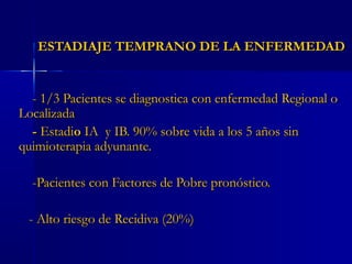 ESTADIAJE TEMPRANO DE LA ENFERMEDADESTADIAJE TEMPRANO DE LA ENFERMEDAD
- 1/3 Pacientes se diagnostica con enfermedad Regional o- 1/3 Pacientes se diagnostica con enfermedad Regional o
LocalizadaLocalizada
-- EstadiEstadioo IA y IB. 90% sobre vida a los 5 años sinIA y IB. 90% sobre vida a los 5 años sin
quimioterapia adyunante.quimioterapia adyunante.
-Pacientes con Factores de Pobre pronóstico.-Pacientes con Factores de Pobre pronóstico.
- Alto riesgo de Recidiva (20%)- Alto riesgo de Recidiva (20%)
 