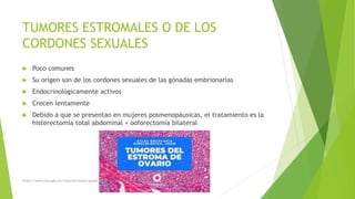TUMORES ESTROMALES O DE LOS
CORDONES SEXUALES
 Poco comunes
 Su origen son de los cordones sexuales de las gónadas embrionarias
 Endocrinológicamente activos
 Crecen lentamente
 Debido a que se presentan en mujeres posmenopáusicas, el tratamiento es la
histerectomía total abdominal + ooforectomía bilateral
https://www.imss.gob.mx/sites/all/statics/guiasclinicas/468GRR.pdf
 