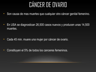 CÁNCER DE OVARIOCÁNCER DE OVARIO
• Son causa de mas muertes que cualquier otro cáncer genital femenino.
• En USA se diagnostican 26,500 casos nuevos y producen unas 14,500
muertes.
• Cada 45 min. muere una mujer por cáncer de ovario.
• Constituyen el 5% de todos los canceres femeninos.
 