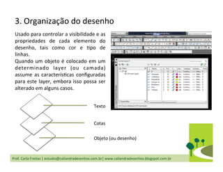 Prof.	
  Carla	
  Freitas	
  |	
  estudio@caliandradesenhos.com.br|	
  www.caliandradesenhos.blogspot.com.br	
  
3.	
  Organização	
  do	
  desenho	
  
Usado	
  para	
  controlar	
  a	
  visibilidade	
  e	
  as	
  
propriedades	
   de	
   cada	
   elemento	
   do	
  
desenho,	
   tais	
   como	
   cor	
   e	
   Dpo	
   de	
  
linhas.	
  
Quando	
  um	
  objeto	
  é	
  colocado	
  em	
  um	
  
determinado	
   layer	
   (ou	
   camada)	
  
assume	
  as	
  caracterísDcas	
  conﬁguradas	
  
para	
  este	
  layer,	
  embora	
  isso	
  possa	
  ser	
  
alterado	
  em	
  alguns	
  casos.	
  
Texto	
  
Cotas	
  
Objeto	
  (ou	
  desenho)	
  
 