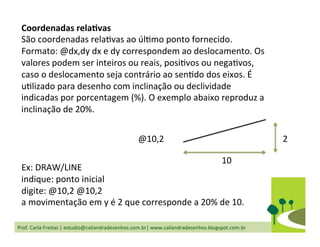 Prof.	
  Carla	
  Freitas	
  |	
  estudio@caliandradesenhos.com.br|	
  www.caliandradesenhos.blogspot.com.br	
  
Coordenadas	
  relaGvas	
  
São	
  coordenadas	
  relaDvas	
  ao	
  úlDmo	
  ponto	
  fornecido.	
  
Formato:	
  @dx,dy	
  dx	
  e	
  dy	
  correspondem	
  ao	
  deslocamento.	
  Os	
  
valores	
  podem	
  ser	
  inteiros	
  ou	
  reais,	
  posiDvos	
  ou	
  negaDvos,	
  
caso	
  o	
  deslocamento	
  seja	
  contrário	
  ao	
  senDdo	
  dos	
  eixos.	
  É	
  
uDlizado	
  para	
  desenho	
  com	
  inclinação	
  ou	
  declividade	
  
indicadas	
  por	
  porcentagem	
  (%).	
  O	
  exemplo	
  abaixo	
  reproduz	
  a	
  
inclinação	
  de	
  20%.	
  
	
  
	
  
	
  
	
  
Ex:	
  DRAW/LINE	
  
indique:	
  ponto	
  inicial	
  
digite:	
  @10,2	
  @10,2	
  
a	
  movimentação	
  em	
  y	
  é	
  2	
  que	
  corresponde	
  a	
  20%	
  de	
  10.	
  
@10,2	
  
10	
  
2	
  
 