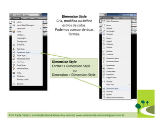 Prof.	
  Carla	
  Freitas	
  |	
  estudio@caliandradesenhos.com.br|	
  www.caliandradesenhos.blogspot.com.br	
  
Dimension	
  Style	
  
Format	
  >	
  Dimension	
  Style	
  
	
  ou	
  
Dimension	
  >	
  Dimension	
  Style	
  
Dimension	
  Style	
  
Cria,	
  modiﬁca	
  ou	
  deﬁne	
  
esDlos	
  de	
  cotas.	
  
Podemos	
  acessar	
  de	
  duas	
  
formas.	
  
 