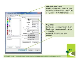 Prof.	
  Carla	
  Freitas	
  |	
  estudio@caliandradesenhos.com.br|	
  www.caliandradesenhos.blogspot.com.br	
  
Plot	
  Style	
  Table	
  Editor	
  
Aba	
  Form	
  View	
  -­‐	
  Esta	
  janela	
  se	
  abre	
  
assim	
  que	
  você	
  seleciona	
  a	
  opção	
  de	
  
conﬁguração	
  do	
  Plot	
  Style	
  Table	
  
ProperGes	
  
Conﬁgure	
  a	
  cor	
  das	
  penas	
  em	
  Color.	
  
Conﬁgure	
  a	
  espessura	
  das	
  linhas	
  em	
  
Lineweight.	
  
Salve	
  este	
  arquivo	
  e	
  use	
  para	
  
imprimir.	
  
 