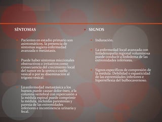  SÍNTOMAS                                     SIGNOS


     Pacientes en estadio primario son            Induración.
      asintomáticos, la presencia de
      síntomas sugiera enfermedad
      avanzada o metástasis.                       La enfermedad local avanzada con
                                                    linfadenopatía regional voluminosa
                                                    puede conducir a linfedema de las
     Puede haber síntomas miccionales              extremidades inferiores.
      obstructivos o irritativos como
      consecuencia del crecimiento local
      del tumor en la uretra o cuello              Signos específicos de compresión de
      vesical o por su diseminación al              la médula: Debilidad o espasticidad
      trígono vesical.                              de las extremidades inferiores e
                                                    hiperreflexia del bulbocavernoso.
     La enfermedad metastásica a los
      huesos puede causar dolor óseo, a la
      columna vertebral con repercusión a
      la médula espinal puede comprimir
      la médula, incluidas parestesias y
      paresia de las extremidades
      inferiores e incontinencia urinaria y
      fecal.
 