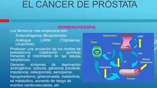 EL CÁNCER DE PRÓSTATA
HORMONOTERAPIA
Los fármacos más empleados son:
 Antiandrógenos (Bicalutamida)

 Análogos
Leuprolide)
LHRH (Triptolerina,
Producen una anulación de los niveles de

testosterona (castración química)
las células
frenando el crecimiento de
neoplásicas.
Generan síntomas de deprivación

androgénica: sofocos, ganancia ponderal,
impotencia, osteoporosis, sarcopenia,
hipogonadismo, ginecomastia, mastodinia,
sd metabólico, aumento de riesgo de
eventos cardiovasculares, etc
 