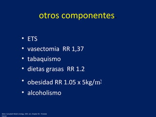 otros componentes.
• ETS
• vasectomia RR 1,37
• tabaquismo
• dietas grasas RR 1.2
• obesidad RR 1.05 x 5kg/m2
• alcoholismo
Wein: Campbell-Walsh Urology, 10th. ed.; Chapter 95 - Prostate
Cancer
 