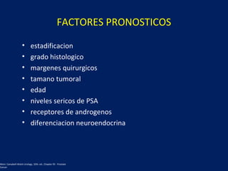 FACTORES PRONOSTICOS
• estadificacion
• grado histologico
• margenes quirurgicos
• tamano tumoral
• edad
• niveles sericos de PSA
• receptores de androgenos
• diferenciacion neuroendocrina
Wein: Campbell-Walsh Urology, 10th. ed.; Chapter 95 - Prostate
Cancer
 