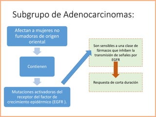 Subgrupo de Adenocarcinomas:
Afectan a mujeres no
fumadoras de origen
oriental
Contienen
Mutaciones activadoras del
receptor del factor de
crecimiento epidérmico (EGFR ).
Son sensibles a una clase de
fármacos que inhiben la
transmisión de señales por
EGFR
Respuesta de corta duración
 