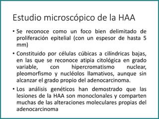 Estudio microscópico de la HAA
• Se reconoce como un foco bien delimitado de
proliferación epitelial (con un espesor de hasta 5
mm)
• Constituido por células cúbicas a cilíndricas bajas,
en las que se reconoce atipia citológica en grado
variable, con hipercromatismo nuclear,
pleomorfismo y nucléolos llamativos, aunque sin
alcanzar el grado propio del adenocarcinoma.
• Los análisis genéticos han demostrado que las
lesiones de la HAA son monoclonales y comparten
muchas de las alteraciones moleculares propias del
adenocarcinoma
 