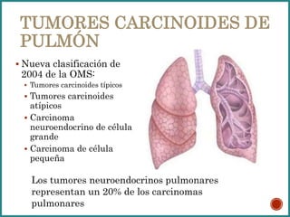 TUMORES CARCINOIDES DE
PULMÓN
 Nueva clasificación de
2004 de la OMS:
 Tumores carcinoides típicos
 Tumores carcinoides
atípicos
 Carcinoma
neuroendocrino de célula
grande
 Carcinoma de célula
pequeña
Los tumores neuroendocrinos pulmonares
representan un 20% de los carcinomas
pulmonares
 