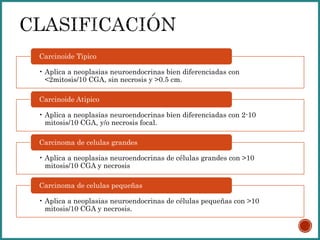 • Aplica a neoplasias neuroendocrinas bien diferenciadas con
<2mitosis/10 CGA, sin necrosis y >0.5 cm.
Carcinoide Tipico
• Aplica a neoplasias neuroendocrinas bien diferenciadas con 2-10
mitosis/10 CGA, y/o necrosis focal.
Carcinoide Atipico
• Aplica a neoplasias neuroendocrinas de células grandes con >10
mitosis/10 CGA y necrosis
Carcinoma de celulas grandes
• Aplica a neoplasias neuroendocrinas de células pequeñas con >10
mitosis/10 CGA y necrosis.
Carcinoma de celulas pequeñas
 