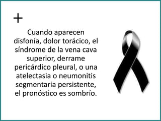 + Cuando aparecen
disfonía, dolor torácico, el
síndrome de la vena cava
superior, derrame
pericárdico pleural, o una
atelectasia o neumonitis
segmentaria persistente,
el pronóstico es sombrío.
 