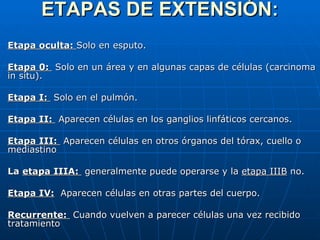 ETAPAS DE EXTENSIÓN : Etapa oculta:  Solo en esputo.  Etapa 0:  Solo en un área y en algunas capas de células (carcinoma in situ).  Etapa I:  Solo en el pulmón.  Etapa II:  Aparecen células en los ganglios linfáticos cercanos.  Etapa III:  Aparecen células en otros órganos del tórax, cuello o mediastino  La  etapa IIIA:  generalmente puede operarse y la  etapa IIIB  no.  Etapa IV:   Aparecen células en otras partes del cuerpo.  Recurrente:  Cuando vuelven a parecer células una vez recibido tratamiento  