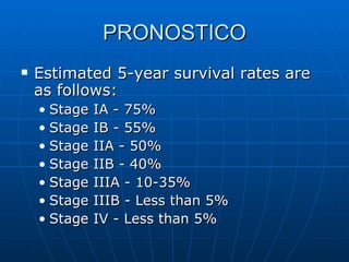PRONOSTICO Estimated 5-year survival rates are as follows: Stage IA - 75% Stage IB - 55% Stage IIA - 50% Stage IIB - 40% Stage IIIA - 10-35% Stage IIIB - Less than 5% Stage IV - Less than 5% 
