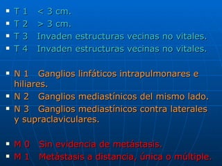    T   1   < 3 cm.
   T   2   > 3 cm.
   T   3   Invaden estructuras vecinas no vitales.
   T   4   Invaden estructuras vecinas no vitales.

   N 1 Ganglios linfáticos intrapulmonares e
    hiliares.
   N 2 Ganglios mediastínicos del mismo lado.
   N 3 Ganglios mediastínicos contra laterales
    y supraclaviculares.

   M0      Sin evidencia de metástasis.
   M1      Metástasis a distancia, única o múltiple.
 