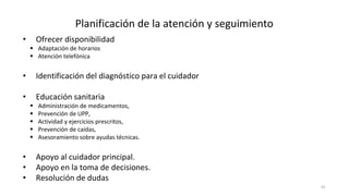 33
Planificación de la atención y seguimiento
• Ofrecer disponibilidad
 Adaptación de horarios
 Atención telefónica
• Identificación del diagnóstico para el cuidador
• Educación sanitaria
 Administración de medicamentos,
 Prevención de UPP,
 Actividad y ejercicios prescritos,
 Prevención de caídas,
 Asesoramiento sobre ayudas técnicas.
• Apoyo al cuidador principal.
• Apoyo en la toma de decisiones.
• Resolución de dudas
 