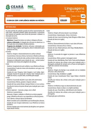 Linguagens
CARGA HORÁRIA
SEMANAL
PÁGINA / TOTAL
CÓDIGO
EMENTA
Anos Finais - 6º Ao 9º ano
2 H
2/3
CCEL031
O SOM DA COR: A INFLUÊNCIA NEGRA NA MÚSICA
METODOLOGIA
As aulas partirão de audições guiadas de obras representativas de
cada ritmo, utilizando também vídeos documentais e entrevistas
com músicos em questão como forma de promover o debate e a
interação da turma.
‣Contexto histórico
Abertura: O papel da música na cultura e diáspora africana.
Leitura e discussão: A chegada dos africanos às Américas e a
formação das comunidades afrodescendentes.
Proposta de atividade: Territórios africanos colonizados por
países de língua inglesa e portuguesa. [Aula no laboratório para
pesquisa em trio].
‣Samba
Histórico: Origens e desenvolvimento do samba no Brasil.
Características:Estruturarítmica,harmoniaeinfluênciaafricana.
Estudosdecaso:Sambaderoda,samba-enredoesamba-canção.
[Pesquisa no laboratório para estudo de caso – recitar/cantar/
apresentar uma música do subgênero do samba].
‣Axé
Histórico: Surgimento do axé na Bahia e sua influência africana.
Características: Fusão de ritmos afro-brasileiros com pop e mú-
sica tradicional.
Estudos de caso: Pesquisa: Ivete Sangalo e Luís Caldas. Apre-
sentação musical em grupo de 6 alunos; fazer tradução para o
inglês da música, ou parte dela, escolhida pela equipe.
‣Funk
Histórico: A ascensão do funk e suas raízes afro-americanas.
Características: Ritmos, grooves e impacto cultural.
Estudos de Caso: James Brown, George Clinton e o funk carioca.
[Escolha de músicas do James Brown para tradução para o por-
tuguês].
‣Ritmos regionais – maracatu, jongo, coco e afoxé
Histórico e características:
Maracatu: Origem, tradições e influência na música popular.
Jongo: Influência africana e sua importância no Rio de Janeiro.
Coco: Ritmos e danças típicas do Nordeste.
Afoxé:Conexõescomocandombléesuasmanifestaçõesculturais.
Estudos de caso: Grupos tradicionais e sua influência na música
brasileira.
[Formar equipes para encerramento da disciplina com apresen-
tação desses ritmos].
‣Jazz
Histórico: Origens africanas do jazz e sua evolução.
Características: Improvisação, ritmos e harmonia.
Estudos de Caso: Louis Armstrong, Duke Ellington e Miles Davis.
[Estudo de letras em inglês]
‣Blues
Histórico: Desenvolvimento do blues e suas raízes africanas.
Características: Estrutura lírica e rítmica.
Estudos de Caso: Robert Johnson, B.B. King e Muddy Waters.
[Estudo de letras em inglês]
‣Reggae
Histórico: A ascensão do reggae na Jamaica e suas influências
africanas.
Características: Ritmo, groove e mensagem social.
Estudos de Caso: Bob Marley, Peter Tosh e Toots and the Maytals.
[Escolha de músicas dos artistas acima para tradução para o
português; produção de cartazes com as frases em português e
inglês dos cantores mencionados].
‣Hip-hop
Histórico: Origens do hip-hop e sua conexão com as tradições
africanas e afro-americanas.
Características: Rap, breakdance e graffiti.
Estudos de Caso: Grandmaster Flash, Tupac Shakur e Kendrick
Lamar.
[Escolha de músicas dos artistas acima para tradução para o
português].
‣Rock
Histórico: A influência negra no desenvolvimento do rock.
Características: Raízes no blues e no rhythm and blues.
Estudos de caso: Chuck Berry, Little Richard e Jimi Hendrix.
[Escolha de músicas dos artistas acima para tradução para o
português].
‣Preparação para culminância.
102
 