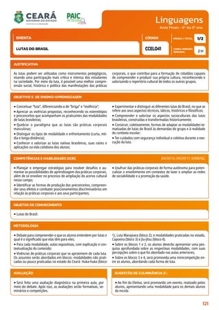 Linguagens
CARGA HORÁRIA
SEMANAL
PÁGINA / TOTAL
CÓDIGO
EMENTA
Anos Finais - 6º Ao 9º ano
2 H
1/2
CCEL041
LUTAS DO BRASIL
JUSTIFICATIVA
As lutas podem ser utilizadas como instrumentos pedagógicos,
visando uma participação mais crítica e intensa dos estudantes
na sociedade. Por meio da luta, é possível uma melhor compre-
ensão social, histórica e política das manifestações das práticas
corporais, o que contribui para a formação de cidadãos capazes
de compreender e produzir sua própria cultura, reconhecendo e
valorizando o repertório cultural de todos os outros grupos.
OBJETIVO(S) DE ENSINO/APRENDIZAGEM
‣Conceituar “luta”, diferenciando-a de “briga” e “violência”;
‣Apreciar as vivências propostas, reconhecendo os estereótipos
e preconceitos que acompanham os praticantes das modalidades
de lutas brasileiras;
‣ Quebrar o paradigma que as lutas são práticas corporais
masculinas;
‣Distinguir os tipos de modalidade e enfrentamento (curta, mé-
dia e longa distância);
‣Conhecer e valorizar as lutas nativas brasileiras, suas raízes e
aplicações na vida cotidiana dos alunos;
‣Experimentar e distinguir as diferentes lutas do Brasil, no que se
refere aos seus aspectos técnicos, táticos, históricos e filosóficos;
‣Compreender e valorizar os aspectos socioculturais das lutas
brasileiras, construídas e transformadas historicamente;
‣Construir, coletivamente, formas de adaptar as modalidades te-
matizadas de lutas do Brasil às demandas do grupo e à realidade
do contexto escolar;
‣Ter cuidados com segurança individual e coletiva durante a exe-
cução da luta.
‣Planejar e empregar estratégias para resolver desafios e au-
mentar as possibilidades de aprendizagem das práticas corporais,
além de se envolver no processo de ampliação do acervo cultural
nesse campo;
‣Identificar as formas de produção dos preconceitos, compreen-
der seus efeitos e combater posicionamentos discriminatórios em
relação às práticas corporais e aos seus participantes;
‣Usufruir das práticas corporais de forma autônoma para poten-
cializar o envolvimento em contextos de lazer e ampliar as redes
de sociabilidade e a promoção da saúde.
COMPETÊNCIAS E HABILIDADES DCRC EF67EF15; EF67EF17; EF89EF02.
METODOLOGIA
‣Debate para compreender o que os alunos entendem por lutas e
qual é o significado que elas têm para eles;
‣Para cada modalidade, aulas expositivas, com explicação e con-
textualização do conteúdo;
‣Vivências de práticas corporais que se aproximem de cada luta.
Os assuntos serão abordados em blocos: modalidades não prati-
cadas ou pouco praticadas no estado do Ceará: Huka-huka (bloco
1), Luta Marajoara (bloco 2); e modalidades praticadas no estado,
Capoeira (bloco 3) e Jiu-jítsu (bloco 4).
‣Sobre os blocos 1 e 2, os alunos deverão apresentar uma pes-
quisa aprofundada sobre as respectivas modalidades, com suas
percepções sobre o que foi abordado nas aulas anteriores;
‣Sobre os blocos 3 e 4, será promovida uma minicompetição en-
tre os alunos, abordando cada forma de luta.
OBJETOS DE CONHECIMENTO
‣Lutas do Brasil.
AVALIAÇÃO
‣Será feita uma avaliação diagnóstica na primeira aula, por
meio do debate. Após isso, as avaliações serão formativas, se-
minários e competições.
SUGESTÃO DE CULMINÂNCIA(S):
‣Ao fim da Eletiva, será promovido um evento, realizado pelos
alunos, apresentando uma modalidade para os demais alunos
da escola.
121
 