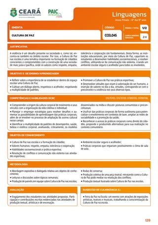 Linguagens
CARGA HORÁRIA
SEMANAL
PÁGINA / TOTAL
CÓDIGO
EMENTA
Anos Finais - 6º Ao 9º ano
2 H
1/2
CCEL045
CULTURA DE PAZ
JUSTIFICATIVA
A violência é um desafio presente na sociedade e, como tal, en-
contra-se também no âmbito escolar. Por isso, a Cultura de Paz
nas escolas é uma temática importante na formação de cidadãos
conscientes e comprometidos com a construção de uma socieda-
de mais justa e pacífica, onde os valores como respeito, empatia,
tolerância e cooperação são fundamentais. Desta forma, as insti-
tuições educacionais, por meio da Cultura de Paz, capacitam os
estudantes a desenvolver habilidades socioemocionais, a resolver
conflitos, utilizando-se da comunicação não violenta, criando um
ambiente escolar seguro e acolhedor para todos os envolvidos.
OBJETIVO(S) DE ENSINO/APRENDIZAGEM
‣Refletir sobre a importância de se estabelecer dentro do espaço
escolar uma Cultura de Paz;
‣Cultivar um diálogo aberto, respeitoso e acolhedor, respeitando
a multiplicidade de padrões;
‣Promover a Cultura de Paz nas práticas esportivas;
‣Desenvolver atitudes que visam à valorização do ser humano, a
inserção de valores no dia a dia, virtudes, contrapondo-se com o
preconceito e a violência nos seus diversos tipos.
‣Compreender a origem da cultura corporal de movimento e seus
vínculos com a organização da vida coletiva e individual;
‣Planejar e empregar estratégias para resolver desafios e au-
mentar as possibilidades de aprendizagem das práticas corporais,
além de se envolver no processo de ampliação do acervo cultural
nesse campo;
‣Identificar a multiplicidade de padrões de desempenho, saúde,
beleza e estética corporal, analisando, criticamente, os modelos
disseminados na mídia e discutir posturas consumistas e precon-
ceituosas;
‣Usufruir das práticas corporais de forma autônoma para poten-
cializar o envolvimento em contextos de lazer, ampliar as redes de
sociabilidade e a promoção da saúde;
‣Reconhecer o acesso às práticas corporais como direito do cida-
dão, propondo e produzindo alternativas para sua realização no
contexto comunitário.
COMPETÊNCIAS E HABILIDADES DCRC EF67EF05; EF67EF09; EF89EF05; EF89EF08.
METODOLOGIA
‣Abordagem expositiva e dialogada relativa aos objetos de conhe-
cimento;
‣Leituras e discussões sobre tópicos semanais;
‣Produção de painéis em equipe sobre Cultura de Paz nas escolas;
‣Rodas de conversa;
‣Produção coletiva de uma peça teatral, retratando como a Cultu-
ra de Paz pode mediar na resolução dos conflitos;
‣Produção textual ilustrada sobre Cultura de Paz nas escolas.
OBJETOS DE CONHECIMENTO
‣Cultura de Paz nas escolas e a formação do cidadão;
‣Valores humanos: respeito, empatia, tolerância e cooperação;
‣Habilidades socioemocionais e prática esportiva;
‣Resolução de conflitos e comunicação não violenta nas ativida-
des esportivas;
‣Ambiente escolar seguro e acolhedor;
‣Práticas corporais que impactam positivamente o clima de sala
de aula.
AVALIAÇÃO
‣Engajamento dos estudantes nas atividades propostas. Parti-
cipação e contribuições escritas evidenciadas nas atividades de
produção textual, artísticas e de encenação.
SUGESTÃO DE CULMINÂNCIA(S):
‣Feira da Paz na Escola: um evento com atrações de exposições
artísticas, teatrais e musicais, trabalhando a conscientização da
Cultura de Paz na escola.
129
 