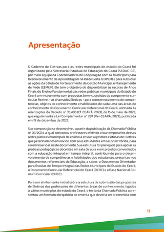 13
Apresentação
O Caderno de Eletivas para as redes municipais do estado do Ceará foi
organizado pela Secretaria Estadual de Educação do Ceará (SEDUC-CE),
por meio equipe da Coordenadoria de Cooperação com os Municípios para
Desenvolvimento da Aprendizagem na Idade Certa (COPEM) e para subsidiar
as ações da Célula de Fortalecimento da Gestão Municipal e Planejamento
de Rede (CEMUP). Ele tem o objetivo de disponibilizar às escolas de Anos
Finais do Ensino Fundamental das redes públicas municipais do Estado do
Ceará um instrumento com propostas bem-sucedidas do componente cur-
ricular flexível - as chamadas Eletivas - para o desenvolvimento de compe-
tências, objetos de conhecimento e habilidades de cada uma das áreas de
conhecimento do Documento Curricular Referencial do Ceará, alinhado às
orientações do Decreto n.° 35.430 (Cf. CEARÁ, 2023), de 15 de maio de 2023,
que regulamenta a Lei Complementar n.° 297 (Ver CEARÁ, 2022), publicada
em 19 de dezembro de 2022.
Sua composição se desenvolveu a partir da publicação da Chamada Pública
nº 03/2024, a qual convocou professores efetivos e/ou temporários dessas
redes públicas municipais de ensino a enviar sugestões exitosas de Eletivas
que já tenham desenvolvido com seus estudantes em seus territórios, para
serem inseridas neste documento. Sua estrutura foi planejada para apoiar as
práticas pedagógicas docentes em sala de aula e em projetos conveniados
com a educação integral em tempo integral, contribuindo para o desen-
volvimento de competências e habilidades dos estudantes, prescritas nos
documentos referenciais da Educação, a saber: o Documento Orientador
para Escolas de Tempo Integral das Redes Municipais do Estado do Ceará,
o Documento Curricular Referencial do Ceará (DCRC) e a Base Nacional Co-
mum Curricular (BNCC).
Para um alinhamento inicial sobre a estrutura de submissão das propostas
de Eletivas dos professores de diferentes áreas de conhecimento, ligados
a vários municípios do estado do Ceará, o texto da Chamada Pública apre-
sentou um formato obrigatório de ementa que deveria ser preenchida com
 