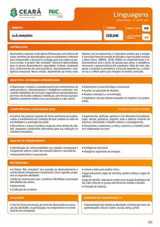 Linguagens
CARGA HORÁRIA
SEMANAL
PÁGINA / TOTAL
CÓDIGO
EMENTA
Anos Finais - 6º Ao 9º ano
2 H
1/2
CCEL046
ALÔ, EMOÇÕES!
JUSTIFICATIVA
Desenvolver e executar as disciplinas Eletivas para uma vivência de
novos caminhos de aprendizagens para os estudantes é relevante
para compreender o processo e as etapas para suas ações no per-
curso escolar. O projeto “Alô, emoções!” oferecerá oportunidades
para os alunos desenvolverem capacidades criativas, ampliando
seus conhecimentos de autoconsciência, relacionamentos e inte-
ligência emocional. Nesse sentido, dependendo da forma como
lidamos com os sentimentos, é importante analisar que a emoção
é a principal fonte de tomada de decisões e que ela pode começar
a ativar outras. (BRASIL, 2018). Refletir os comportamentos e re-
lacionamentos será o ponto de partida para ativar a inteligência
emocional e autoconsciência dos estudantes. Além do mais, des-
pertar o incentivo à convivência, à troca de experiências, a conhe-
cer-se e a refletir sobre suas emoções no mundo conectado.
OBJETIVO(S) DE ENSINO/APRENDIZAGEM
‣Oportunizar e ampliar a conexão juvenil com conhecimentos de
autoconsciência, relacionamentos e inteligência emocional, arti-
culando habilidades do currículo e experiências interdisciplinares,
por meio de estudos coletivos e individuais, com técnicas que pos-
sibilitem conviverem melhor com suas emoções e a dos outros;
‣Desenvolver o raciocínio lógico e emocional;
‣Auxiliar na superação de desafios;
‣Ampliar a atenção e a concentração;
‣Estabelecer vínculos afetivos baseados no respeito e na compre-
ensão.
‣Usufruir das práticas corporais de forma autônoma para poten-
cializar o envolvimento em contextos de lazer, ampliar as redes de
sociabilidade e a promoção da saúde;
‣Reconhecer o acesso às práticas corporais como direito do cida-
dão, propondo e produzindo alternativas para sua realização no
contexto comunitário;
‣Experimentar, desfrutar, apreciar e criar diferentes brincadeiras,
jogos, danças, ginásticas, esportes, lutas e práticas corporais de
aventura, valorizando o trabalho coletivo e o protagonismo;
‣Desenvolver a autonomia, a crítica, a autoria e o trabalho coleti-
vo e colaborativo nas artes.
COMPETÊNCIAS E HABILIDADES DCRC EF67EF08; EF67EF09; EF69AR06.
METODOLOGIA
‣A Eletiva “Alô, emoções!” será pautada no desenvolvimento e
conhecimento interpessoal e intrapessoal. Como sugestão, propo-
mos as seguintes atividades:
‣Roda de conversa para que o professor identifique as principais
dificuldades dos alunos.
‣Autorretrato.
‣Confecção de um diário.
‣Leitura e vídeo para análise crítica.
‣Jogos educativos: jogos de memória, quebra-cabeças e jogos de
tabuleiro.
‣Jogo do desafio: cada aluno recebe uma situação desafiadora do
dia a dia e discute no grupo uma forma de resolver o desafio.
‣Contação de histórias.
OBJETOS DE CONHECIMENTO
‣Identificação de intencionalidades nas relações interpessoal e
intrapessoal, valores, visões das emoções básicas e secundárias.
‣Autoconhecimento e autocontrole.
‣Inteligência emocional.
‣Multiplicar expressões de emoções.
AVALIAÇÃO
‣Será de forma processual, por meio de observações na execu-
ção das atividades, na participação, no compromisso e no envol-
vimento dos estudantes.
SUGESTÃO DE CULMINÂNCIA(S):
‣Apresentação das temáticas abordadas na Eletiva por meio de
apresentações culturais: teatro, murais, dança, jornal.
131
 