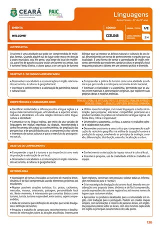 Linguagens
CARGA HORÁRIA
SEMANAL
PÁGINA / TOTAL
CÓDIGO
EMENTA
Anos Finais - 6º Ao 9º ano
2 H
1/2
CCEL048
WELCOME!
JUSTIFICATIVA
O turismo é uma atividade que pode ser compreendida de múlti-
plas formas. Quando alguém sai do lugar onde mora em direção
a outro município, seja ele perto, seja longe do local de residên-
cia, para fins de passeio ou para visitar um parente ou amigo, isso
é turismo! Nesta Eletiva, o aluno passa a ser um guia de turismo
bilíngue que vai mostrar as belezas naturais e culturais do seu lo-
cal, desenvolvendo um senso de pertencimento e orgulho por sua
localidade. É uma forma de tornar o aprendizado de inglês rele-
vante, permitindo que explorem a própria cultura e geografia local
enquanto praticam o idioma em um contexto prático e divertido.
OBJETIVO(S) DE ENSINO/APRENDIZAGEM
‣Desenvolver o vocabulário e a comunicação em inglês relaciona-
dos ao turismo, à cultura e à geografia local;
‣Incentivar o conhecimento e a valorização do patrimônio natural
e cultural local;
‣Compreender a prática do turismo como uma atividade econô-
mica que gera renda e receita para a economia local e nacional;
‣Estimular a criatividade e a autonomia, permitindo que os alu-
nos criem materiais e apresentações originais, que explorem suas
próprias ideias e escolhas estéticas.
‣Identificar similaridades e diferenças entre a língua inglesa e a
língua materna/outras línguas, articulando-as a aspectos sociais,
culturais e identitários, em uma relação intrínseca entre língua,
cultura e identidade;
‣Comunicar-se na língua inglesa, por meio do uso variado de
linguagens em mídias impressas ou digitais, reconhecendo-a
como ferramenta de acesso ao conhecimento, de ampliação das
perspectivas e de possibilidades para a compreensão dos valores
e interesses de outras culturas e para o exercício do protagonis-
mo social;
‣Utilizar novas tecnologias, com novas linguagens e modos de in-
teração, para pesquisar, selecionar, compartilhar, posicionar-se e
produzir sentidos em práticas de letramento na língua inglesa, de
forma ética, crítica e responsável;
‣Desenvolver a autonomia, a crítica, a autoria e o trabalho coleti-
vo e colaborativo nas artes;
‣Desenvolver autonomia e senso crítico para compreensão e apli-
cação do raciocínio geográfico na análise da ocupação humana e
produção do espaço, envolvendo os princípios de analogia, cone-
xão, diferenciação, distribuição, extensão, localização e ordem.
COMPETÊNCIAS E HABILIDADES DCRC EF06LI01; EF06LI18; EF07LI08; EF07LI12; EF08LI02; EF08LI09; EF09LI01;
EF09LI05; EF09LI11; EF09LI13; EF07GE09; EF09GE05; EF69AR06.
METODOLOGIA
‣Abordagem de temas vinculados ao turismo de maneira breve,
dinâmica e de fácil compreensão usando elementos próximos aos
estudantes;
‣Mapear possíveis atrações turísticas. Ex.: praias, cachoeiras,
mercados, museus, artesanato, paisagem, personalidade local
etc. Neste momento, é interessante que conceitos básicos como
turismo, turista, turismo responsável, entre outros, sejam compre-
endidos;
‣Roda de conversa para definição de atrações que serão divulga-
das e definição de tarefas;
‣Pesquisa e trabalho de campo para reconhecimento e detalha-
mento de informações sobre as atrações escolhidas. Interessante
fazer registros, conversar com pessoas e coletar todas as informa-
ções necessárias para o “turista”;
‣Criar estratégia de divulgação do turismo local, levando em con-
sideração uma proposta breve, dinâmica e de fácil compreensão,
usando expressões de costume regional ou até mesmo nomes de
lugares que costumam visitar;
‣Apresentar os produtos idealizados para a comunidade em in-
glês, com tradução para o português. Podem ser criados mapas
simples, com orientações e roteiros de passeios locais, em inglês.
Ou pequenos vídeos sobre os locais, com eles mesmos explicando
em inglês as principais características de cada ponto.
OBJETOS DE CONHECIMENTO
‣Compreender o que é o turismo e sua importância como meio
de produção e valorização de um local;
‣Desenvolver o vocabulário e a comunicação em inglês relaciona-
dos ao turismo, à cultura e à geografia local;
‣Conhecimento e valorização da riqueza natural e cultural local;
‣Incentivo à pesquisa, uso da criatividade artística e trabalho em
equipe.
136
 