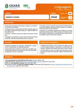 Linguagens
CARGA HORÁRIA
SEMANAL
PÁGINA / TOTAL
CÓDIGO
EMENTA
Anos Finais - 6º Ao 9º ano
METODOLOGIA
‣Explicação da proposta, esclarecendo as etapas e os componen-
tes curriculares envolvidos;
‣Pesquisar sobre os pratos típicos do Brasil (escolher algum da
sua região) e de países de língua inglesa (ex.: english breakfast, hot
dog, apple pie etc);
‣Entender a influência cultural nos hábitos alimentares de cada
país;
‣Investigar a composição e o valor nutricional dos pratos típicos
escolhidos, indicando as propriedades físicas e químicas;
‣Investigar, analisar e justificar quais países têm hábitos alimen-
tares mais saudáveis, indicando os valores calóricos e a existência
de elementos que não são saudáveis;
‣Apresentar os resultados da pesquisa em inglês por meios de
expressões artísticas (cartaz, fôlder, exposição, encenação, vídeo
etc) e dados de medida para a realização de cada receita, indican-
do medidas e valores nutricionais e calóricos.
AVALIAÇÃO
‣Avaliação qualitativa de cada etapa, considerando o engaja-
mento e a participação nas atividades propostas;
‣Apresentação dos resultados em cada etapa, em inglês, usan-
do expressões artísticas e conectando aos conceitos aprendidos
em geografia, ciências e matemática.
SUGESTÃO DE CULMINÂNCIA(S):
‣Realização do Food Day - aula de culinária em inglês, em que
os alunos possam preparar e apresentar os pratos típicos de
cada país, refletindo sobre hábitos alimentares, cultura e saúde;
‣Produzir fôlder ou cartaz, em inglês, apresentando as receitas
dos pratos da culinária de cada país e alguma curiosidade sobre
o prato.
2 H
2/2
CCEL049
COOKING AT SCHOOL
REFERÊNCIAS
CEARÁ. Documento Curricular Referencial do Ceará. Fortaleza: SEDUC, 2019.
COOKING WITH KIDS. Disponível em: https://cookingwithkids.org/recipes/. Acesso em: 28 out. 2024.
HERVÉ, This. Um Cientista na Cozinha. São Paulo: Ática, 2008.
MINISTÉRIO DA SAÚDE. Eu quero me alimentar melhor. Saúde Brasil. 2020. Disponível em: https://www.gov.br/saude/pt-br/assun-
tos/saude-brasil/. Acesso em: 28 out. 2024.
139
 