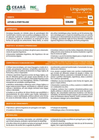 Linguagens
CARGA HORÁRIA
SEMANAL
PÁGINA / TOTAL
CÓDIGO
EMENTA
Anos Finais - 6º Ao 9º ano
2 H
1/2
CCEL050
LEITURA  STORYTELLING
JUSTIFICATIVA
Estratégias baseadas em métodos ativos de aprendizagem têm
transformado a maneira como as práticas pedagógicas estão sen-
do aplicadas atualmente. Os alunos assumem o protagonismo, e
os professores, papéis de orientadores na construção de novas
formas de aquisição de conhecimento. Nesta Eletiva, os alunos
vão utilizar metodologias ativas, fazendo uso de ferramentas digi-
tais e estratégias para a criação de storytelling como um caminho
possível para o desenvolvimento de processos criativos e da práti-
ca bilíngue, aprendendo inglês de forma divertida e trabalhando
aspectos linguísticos e tecnológicos, de forma protagonista.
OBJETIVO(S) DE ENSINO/APRENDIZAGEM
‣Reconhecer estruturas narrativas e de gênero para o desenvolvi-
mento de aspectos linguísticos;
‣Desenvolver habilidades linguísticas, não linguísticas e de uso
de ferramentas digitais;
‣Incentivar a leitura e a escrita criativa, integrando a técnica story-
telling (arte de contar histórias de maneira envolvente e significa-
tiva) no ensino de inglês;
‣Estimular o uso de ferramentas digitais para a criação de narra-
tivas com linguagem visual e criativa.
‣Utilizar novas tecnologias, com novas linguagens e modos de in-
teração, para pesquisar, selecionar, compartilhar, posicionar-se e
produzir sentidos em práticas de letramento na língua inglesa, de
forma ética, crítica e responsável;
‣Elaborar repertórios linguístico-cursivos da língua inglesa, usa-
dos em diferentes países e por grupos sociais distintos em um
mesmo país, de modo a reconhecer a diversidade linguística como
direito e valorizar os usos heterogêneos, híbridos e multimodais
emergentes nas sociedades contemporâneas;
‣Identificar similaridades e diferenças entre a língua inglesa e a
língua materna/outras línguas, articulando-as a aspectos sociais,
culturais e identitários, em uma relação intrínseca entre língua,
cultura e identidade;
‣Envolver-se em práticas de leitura literária que possibilitem o
desenvolvimento do senso estético para fruição, valorizando a
literatura e outras manifestações artístico-culturais como formas
de acesso às dimensões lúdicas, de imaginário e encantamento,
reconhecendo o potencial transformador e humanizador da expe-
riência com a literatura;
‣Ler, escutar e produzir textos orais, escritos e multissemióticos
que circulam em diferentes campos de atuação e mídias, com
compreensão, fluência, autonomia e criticidade de modo a se ex-
pressar e partilhar informações, experiências, ideias e sentimen-
tos e continuar aprendendo;
‣Mobilizar recursos tecnológicos como formas de registro, pes-
quisa e criação artística;
‣Desenvolver a autonomia, a crítica, a autoria e o trabalho coleti-
vo e colaborativo nas artes;
‣Explorar, conhecer, fruir e analisar criticamente práticas e pro-
duções artísticas e culturais do seu entorno social, dos povos in-
dígenas, das comunidades tradicionais brasileiras e de diversas
sociedades, em distintos tempos e espaços, para reconhecer a arte
como um fenômeno cultural, histórico, social e sensível a diferen-
tes contextos e dialogar com as diversidades.
COMPETÊNCIAS E HABILIDADES DCRC EF06LI10; EF06LI13; EF06LI18; EF07LI12; EF07LI13; EF08LI09; EF08LI10;
EF09LI11; EF09LI13; EF67LP28; EF69LP07; EF69AR05; EF69AR06; EF69AR07.
METODOLOGIA
‣Aulas teóricas interativas intercaladas com atividades práticas
que incluem pesquisa, produção e apresentação do storytelling;
‣Escolha e leitura de um gênero narrativo em português, da esco-
lha do aluno e de acordo com a sugestão do professor;
‣Adaptação da narrativa escolhida em português para o inglês no
formato de storytelling;
‣Produção visual do storytelling por meio de uso de ferramentas
digitais, com o apoio de professores.
OBJETOS DE CONHECIMENTO
‣Narrativas e gêneros linguísticos em português e em inglês;
‣Curadoria e informação;
‣Produção de storytelling;
‣Metodologias ativas e ferramentas digitais.
140
 
