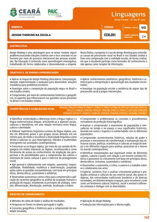 Linguagens
CARGA HORÁRIA
SEMANAL
PÁGINA / TOTAL
CÓDIGO
EMENTA
Anos Finais - 6º Ao 9º ano
2 H
1/2
CCEL051
DESIGN THINKING NA ESCOLA
JUSTIFICATIVA
Design thinking é uma abordagem para se tentar resolver algum
problema buscando soluções criativas com o foco centrado no ser
humano por meio do processo interacional das pessoas envolvi-
das. Na Educação é conhecida como aprendizagem investigativa,
trabalhando de forma colaborativa e desenvolvendo a empatia.
Nesta Eletiva, a proposta é o uso do design thinking para entender
as causas do preconceito racial no Brasil e nos Estados Unidos e
fazer uma comparação com a realidade escolar, de forma criativa,
em que o estudante participe como formador de conhecimento e
não apenas como receptor de informação.
OBJETIVO(S) DE ENSINO/APRENDIZAGEM
‣Aplicar as etapas do design thinking (descoberta, interpretação,
ideação, experimentação e evolução) para desenvolver soluções
inovadoras para problemas escolares;
‣Investigar sobre a composição da população negra no Brasil e
nos Estados Unidos;
‣Compreender, por meio de conhecimentos históricos e geográfi-
cos, os aspectos que influenciaram nas questões raciais presentes
no Brasil e nos Estados Unidos;
‣Aplicar conhecimentos estatísticos, geográficos, históricos e ar-
tísticos para a interpretação e apresentação dos resultados encon-
trados;
‣Investigar na população escolar a existência de algum tipo de
preconceito racial e propor intervenções.
‣Identificar similaridades e diferenças entre a língua inglesa e a
língua materna/outras línguas, articulando-as a aspectos sociais,
culturais e identitários, em uma relação intrínseca entre língua,
cultura e identidade;
‣Elaborar repertórios linguístico-cursivos da língua inglesa, usa-
dos em diferentes países e por grupos sociais distintos em um
mesmo país, de modo a reconhecer a diversidade linguística como
direito e valorizar os usos heterogêneos, híbridos e multimodais
emergentes nas sociedades contemporâneas;
‣Comunicar-se na língua inglesa, por meio do uso variado de lin-
guagens em mídias impressas ou digitais, reconhecendo-a como
ferramenta de acesso ao conhecimento, de ampliação das pers-
pectivas e de possibilidades para a compreensão dos valores e
interesses de outras culturas e para o exercício do protagonismo
social;
‣Agir pessoal e coletivamente com respeito, autonomia, respon-
sabilidade, flexibilidade, resiliência e determinação, propondo
ações sobre as questões socioambientais, com base em princípios
éticos, democráticos, sustentáveis e solidários;
‣Desenvolver autonomia e senso crítico para compreensão e apli-
cação do raciocínio geográfico na análise da ocupação humana e
produção do espaço, envolvendo os princípios de analogia, cone-
xão, diferenciação, distribuição, extensão, localização e ordem;
‣Compreender e problematizar os conceitos e procedimentos
norteadores da produção historiográfica;
‣Analisar e compreender o movimento de populações e mer-
cadorias no tempo e no espaço e seus significados históricos,
levando em conta o respeito e a solidariedade com as diferentes
populações;
‣Compreender acontecimentos históricos, relações de poder e
processos e mecanismos de transformação e manutenção das es-
truturas sociais, políticas, econômicas e culturais ao longo do tem-
po e em diferentes espaços para analisar, posicionar-se e intervir
no mundo contemporâneo;
‣Identificar interpretações que expressam visões de diferentes
sujeitos, culturas e povos com relação a um mesmo contexto his-
tórico e posicionar-se criticamente com base em princípios éticos,
democráticos, inclusivos, sustentáveis e solidários;
‣Desenvolver a autonomia, a crítica, a autoria e o trabalho coleti-
vo e colaborativo nas artes;
‣Explorar, conhecer, fruir e analisar criticamente práticas e pro-
duções artísticas e culturais do seu entorno social, dos povos in-
dígenas, das comunidades tradicionais brasileiras e de diversas
sociedades, em distintos tempos e espaços, para reconhecer a arte
como um fenômeno cultural, histórico, social e sensível a diferen-
tes contextos e dialogar com as diversidades.
COMPETÊNCIAS E HABILIDADES DCRC EF06LI03;EF06LI07;EF06LI10;EF06LI11;EF06LI13;EF06LI14;EF06LI18;EF07LI07;EF07LI09;EF07LI10;
EF07LI12;EF08LI05;EF09LI04;EF09LI07;EF09LI08;EF09LI10;EF09LI12;EF07GE04;EF08GE03;
EF09GE03;EF07HI15;EF08HI19;EF08HI20;EF09HI04;EF09HI08;EF09HI36;EF69AR06;EF69AR07.
OBJETOS DE CONHECIMENTO
‣Métodos de coleta de dados e análise de resultados;
‣Pesquisas em fontes no idioma português e inglês;
‣Conceitos geográficos e históricos para a compreensão da rea-
lidade estudada;
‣Aplicação do design thinking;
‣Tradução das informações para o idioma inglês.
142
 